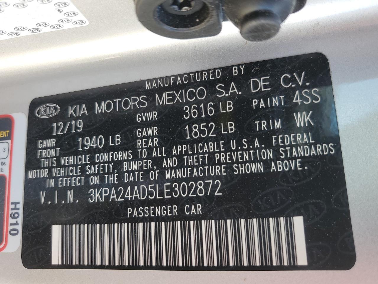 2020 Kia Rio Lx Copart, lot number: 55846805, vin: 3KPA24AD5LE302872. Thumbnail 12