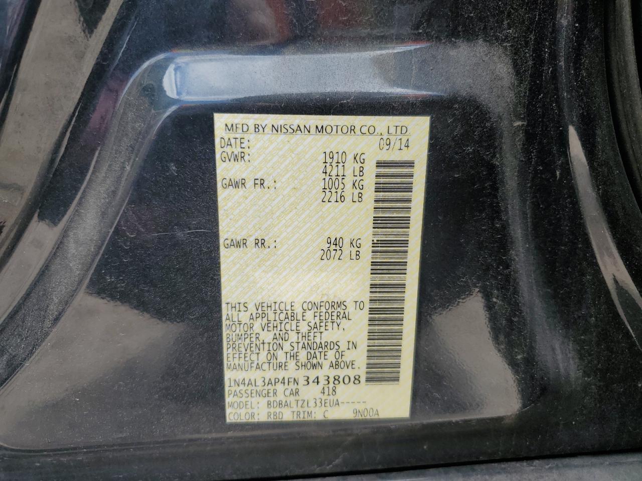 2015 Nissan Altima 2.5 Copart, lot number: 52668685, vin: 1N4AL3AP4FN343808. Thumbnail 12