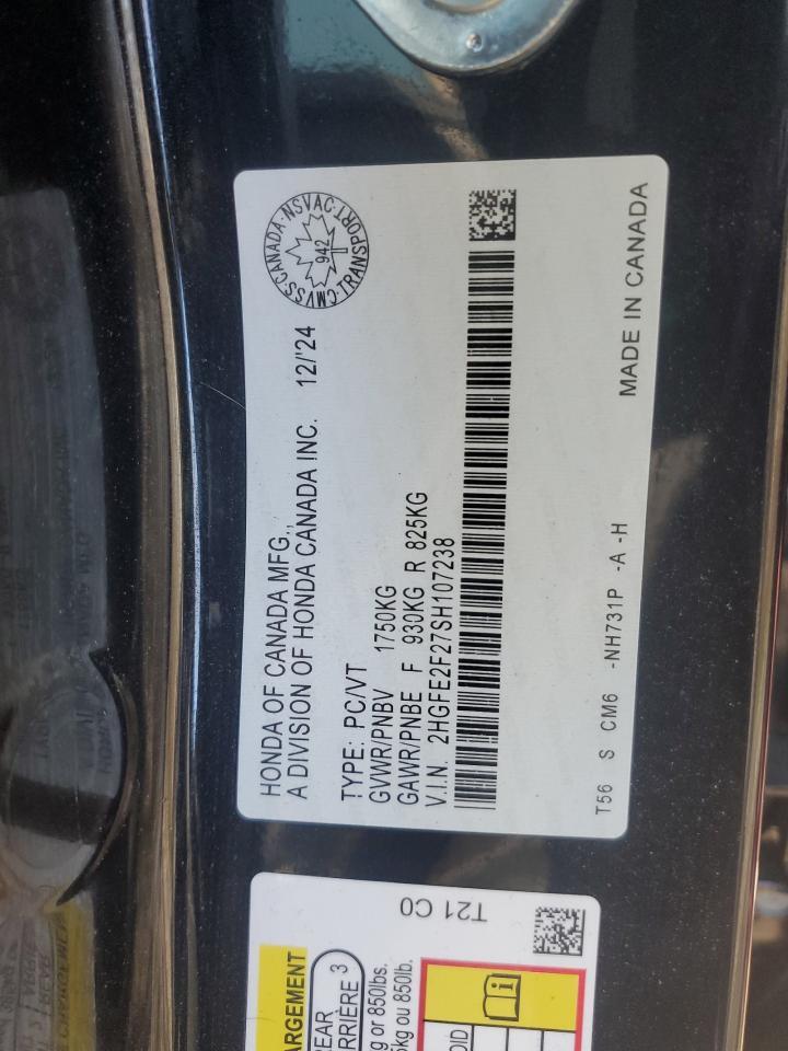 2025 Honda Civic Lx Copart, lot number: 56331705, vin: 2HGFE2F27SH107238. Thumbnail 12