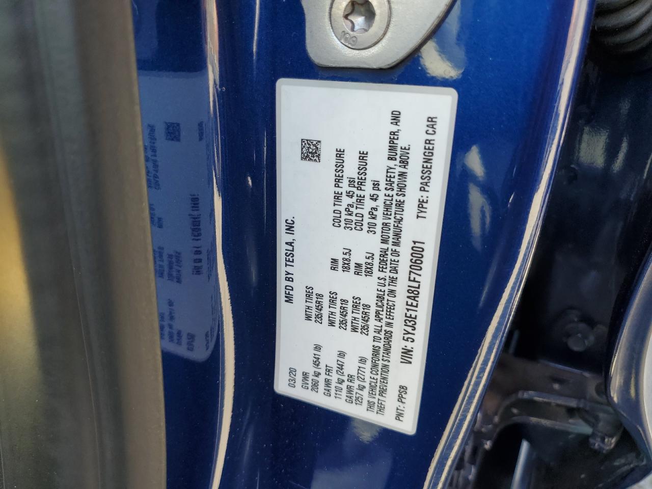 2020 Tesla Model 3 Copart, lot number: 59198985, vin: 5YJ3E1EA8LF706001. Thumbnail 13