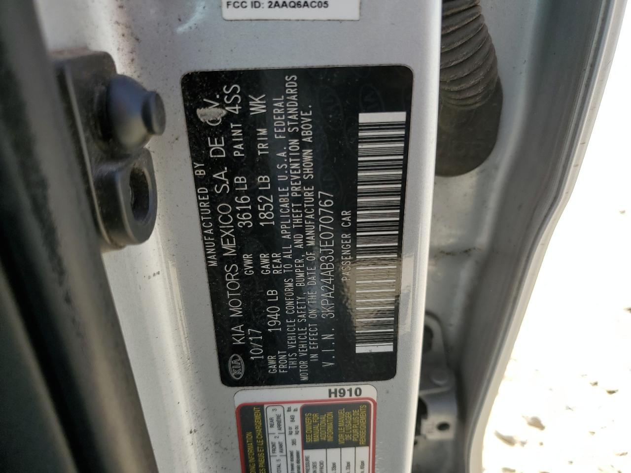 2018 Kia Rio Lx Copart, lot number: 56789315, vin: 3KPA24AB3JE070767. Thumbnail 12