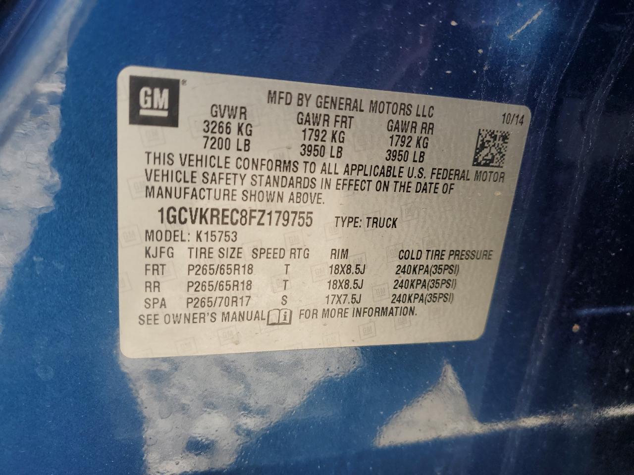 2015 Chevrolet Silverado K1500 Lt Copart, lot number: 56511075, vin: 1GCVKREC8FZ179755. Thumbnail 12