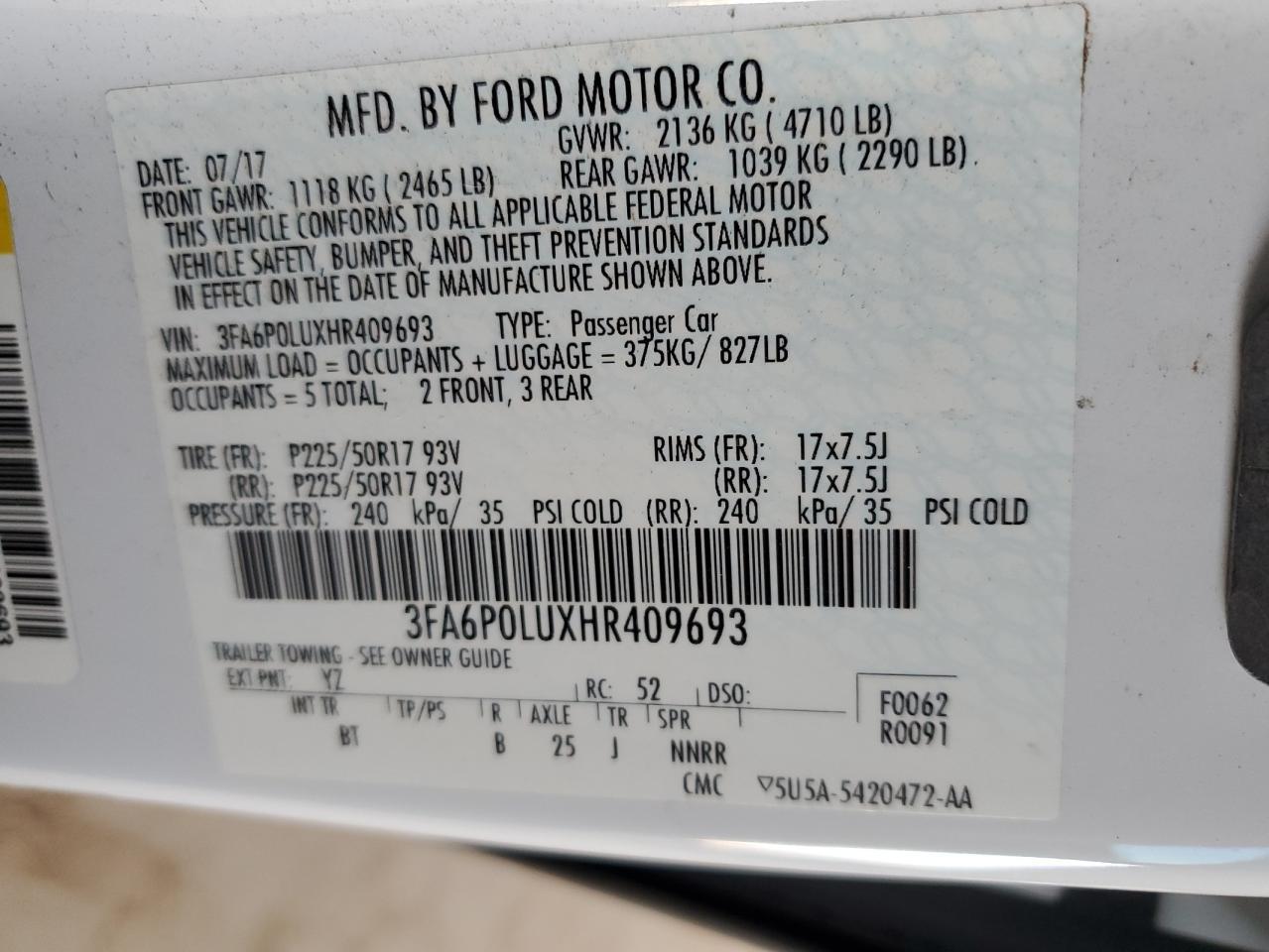 2017 Ford Fusion Se Hybrid Copart, lot number: 58952225, vin: 3FA6P0LUXHR409693. Thumbnail 12