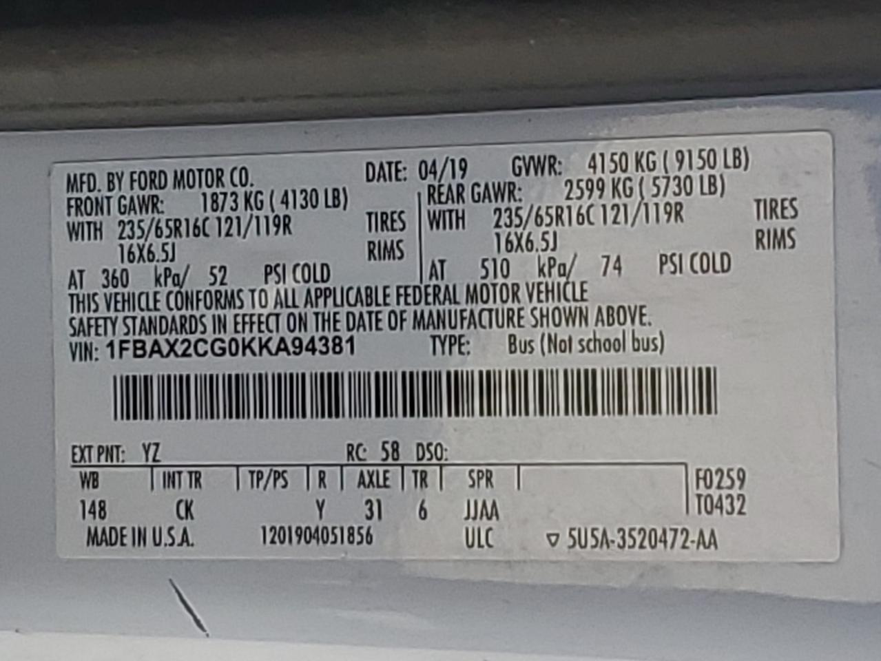 2019 Ford Transit T-350 Copart, lot number: 56016815, vin: 1FBAX2CG0KKA94381. Thumbnail 13