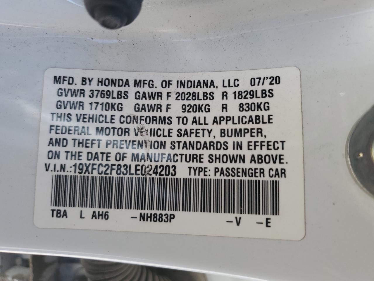 2020 Honda Civic Sport Copart, lot number: 57179425, vin: 19XFC2F83LE024203. Thumbnail 12