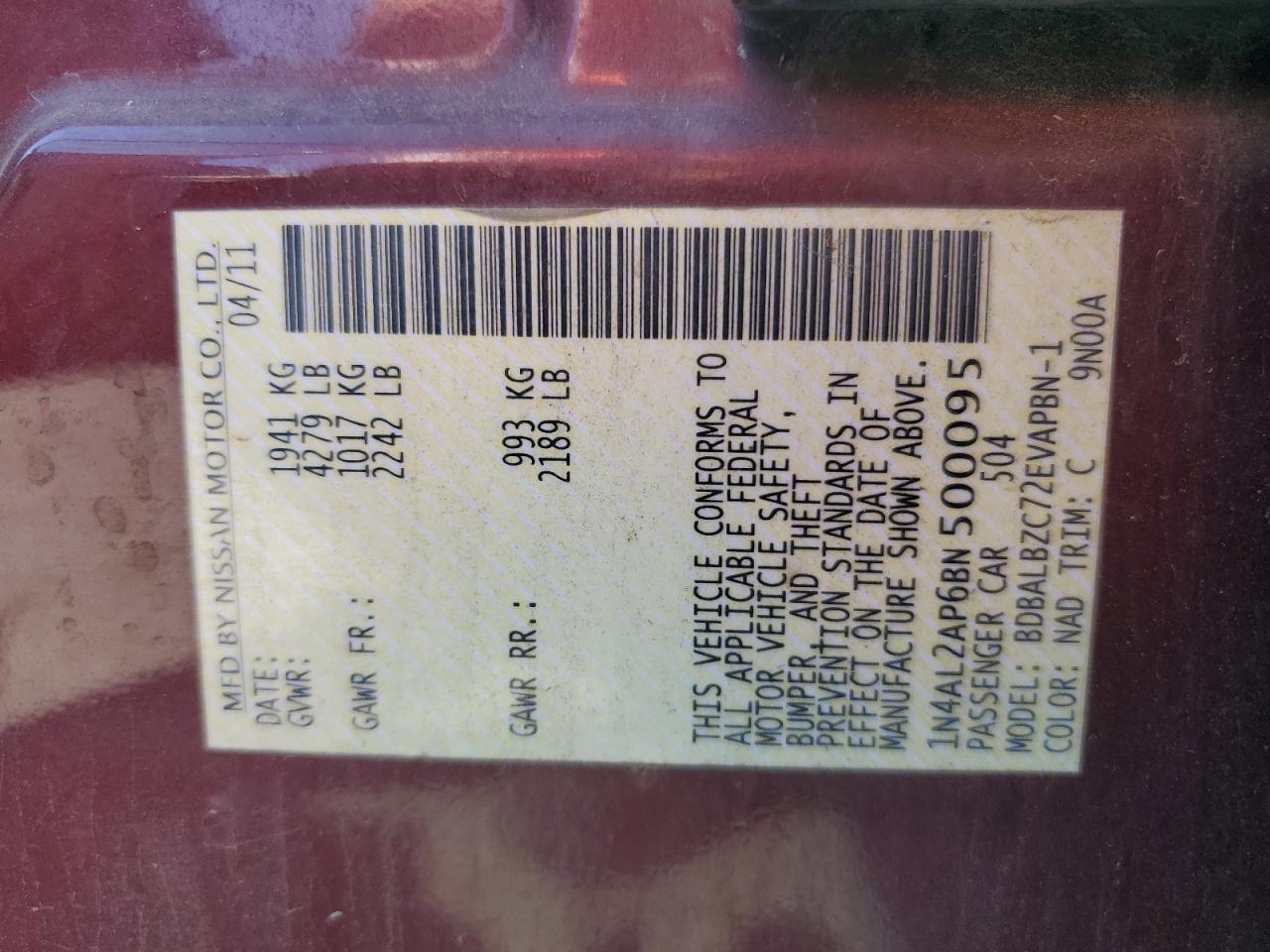 2011 Nissan Altima Base Copart, lot number: 56352125, vin: 1N4AL2AP6BN500095. Thumbnail 12