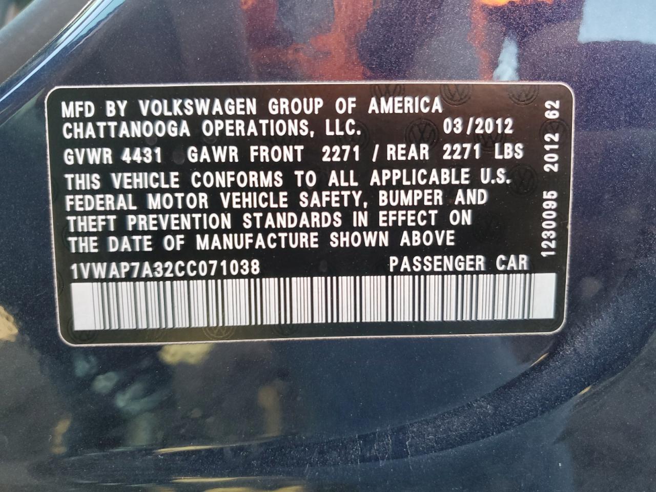 2012 Volkswagen Passat S Copart, lot number: 55637315, vin: 1VWAP7A32CC071038. Thumbnail 13