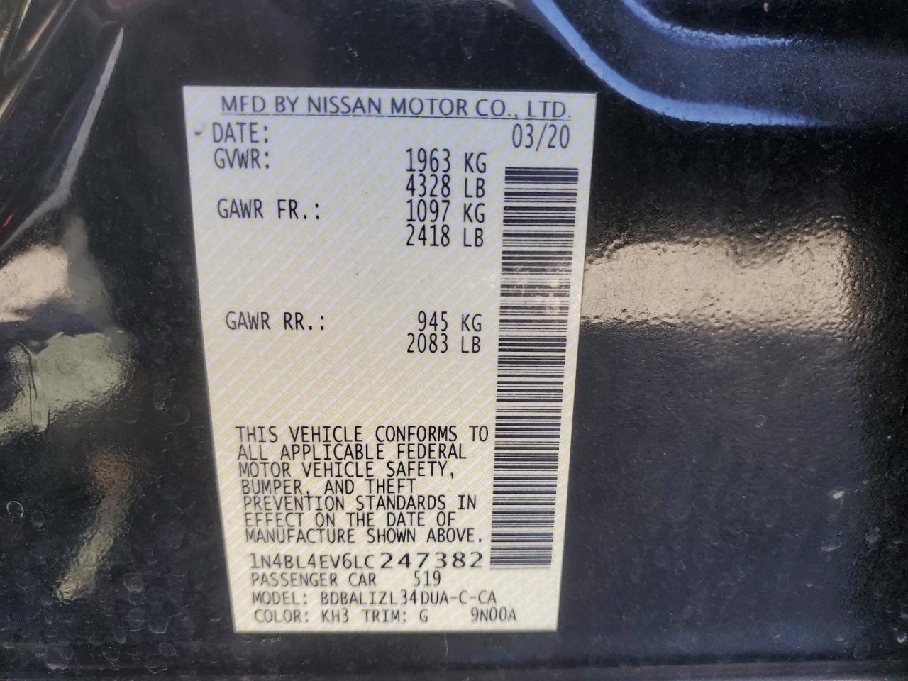 2020 Nissan Altima Sl Copart, lot number: 55757435, vin: 1N4BL4EV6LC247382. Thumbnail 13