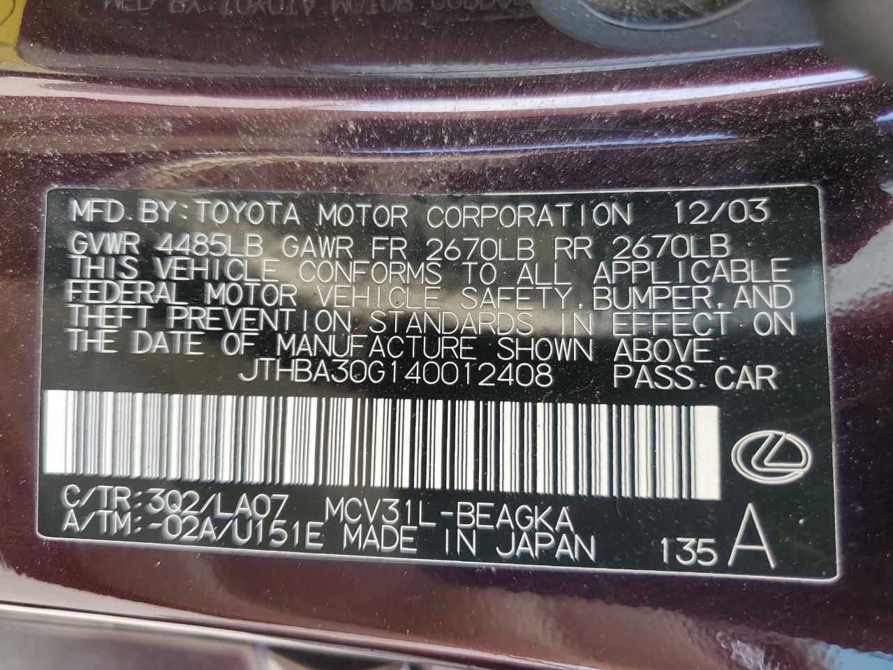 2004 Lexus Es 330 Copart, lot number: 55722695, vin: JTHBA30G140012408. Thumbnail 12