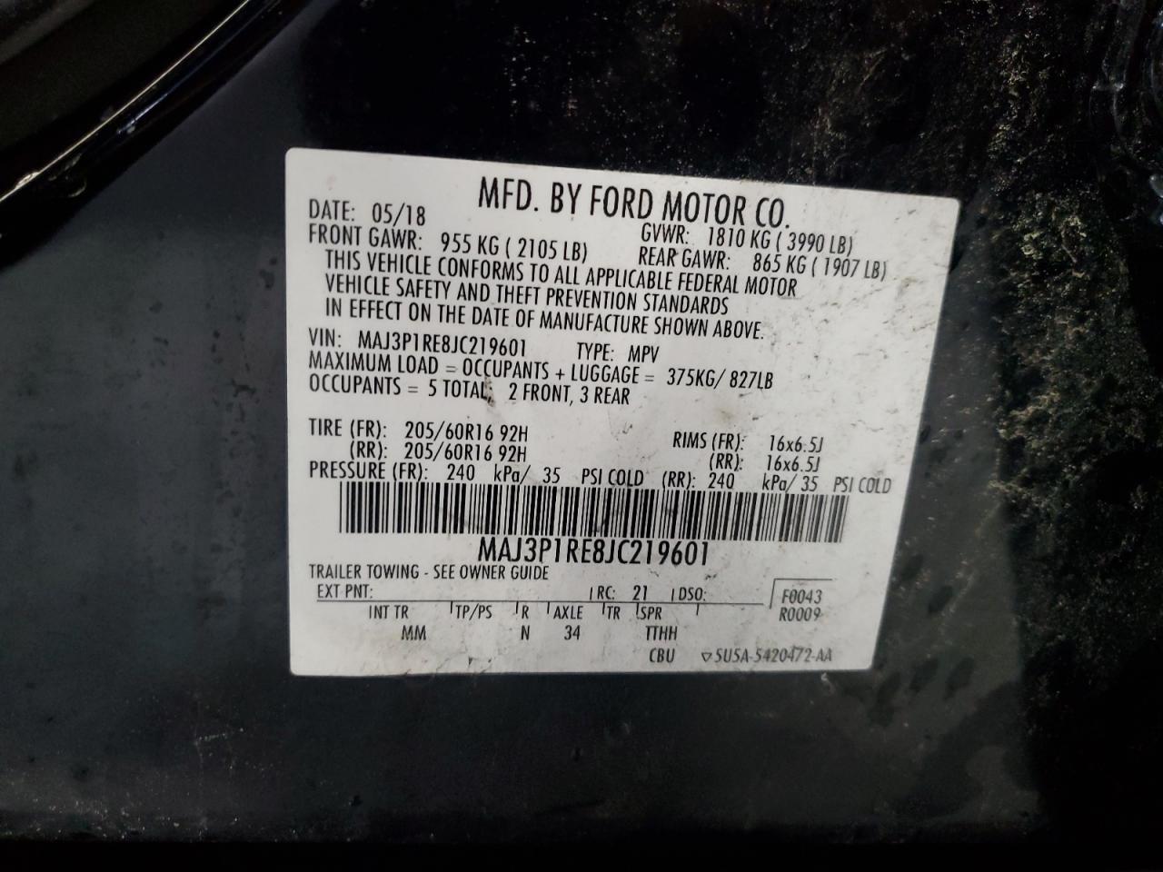 2018 Ford Ecosport S Copart, lot number: 55917895, vin: MAJ3P1RE8JC219601. Thumbnail 13