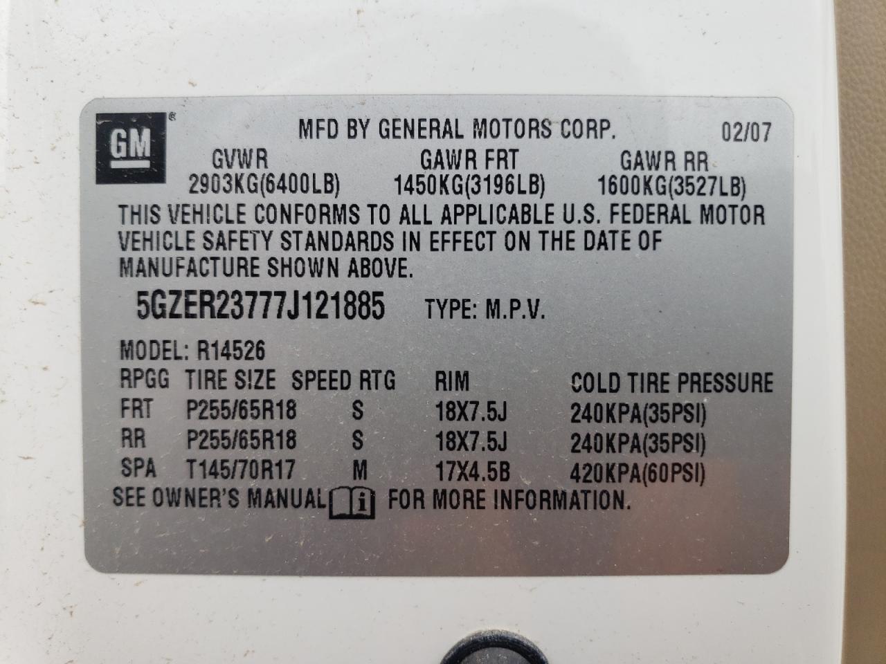 2007 Saturn Outlook Xr Copart, lot number: 58338945, vin: 5GZER23777J121885. Thumbnail 12