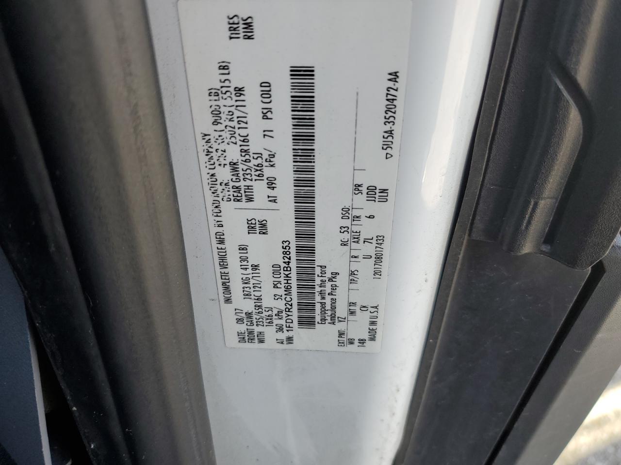 2017 Ford Transit T-250 Copart, lot number: 55531985, vin: 1FDYR2CM6HKB42853. Thumbnail 13