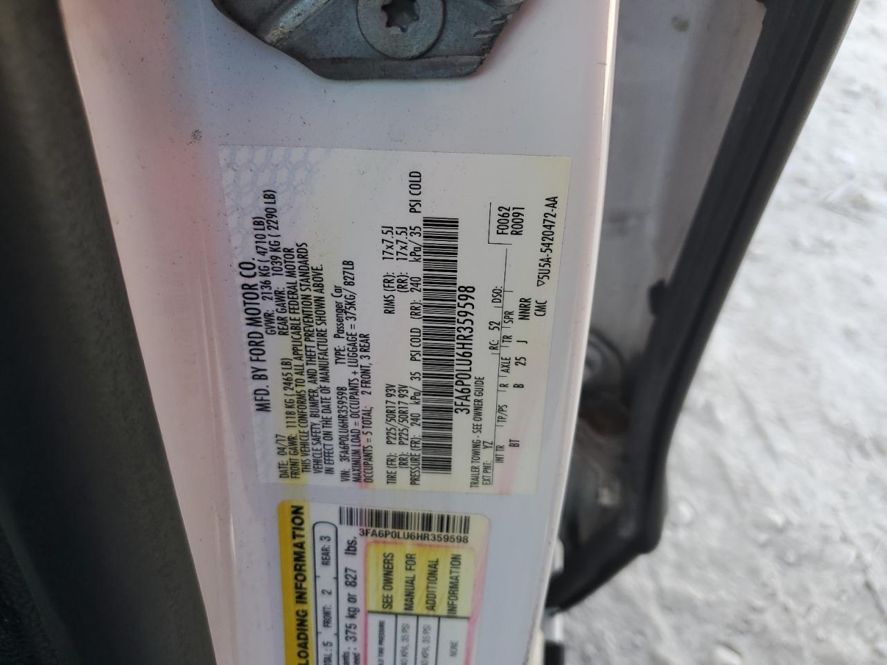 2017 Ford Fusion Se Hybrid Copart, lot number: 54039095, vin: 3FA6P0LU6HR359598. Thumbnail 12