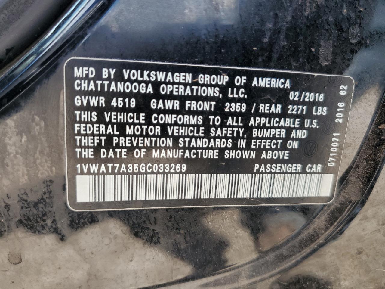 2016 Volkswagen Passat S Copart, lot number: 56186825, vin: 1VWAT7A35GC033269. Thumbnail 12