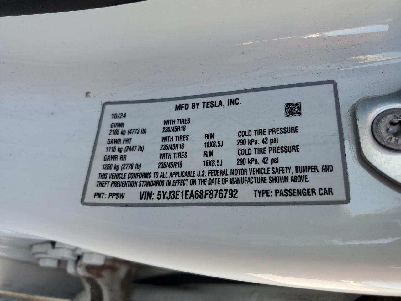 2025 Tesla Model 3 Copart, lot number: 59228445, vin: 5YJ3E1EA6SF876792. Thumbnail 12