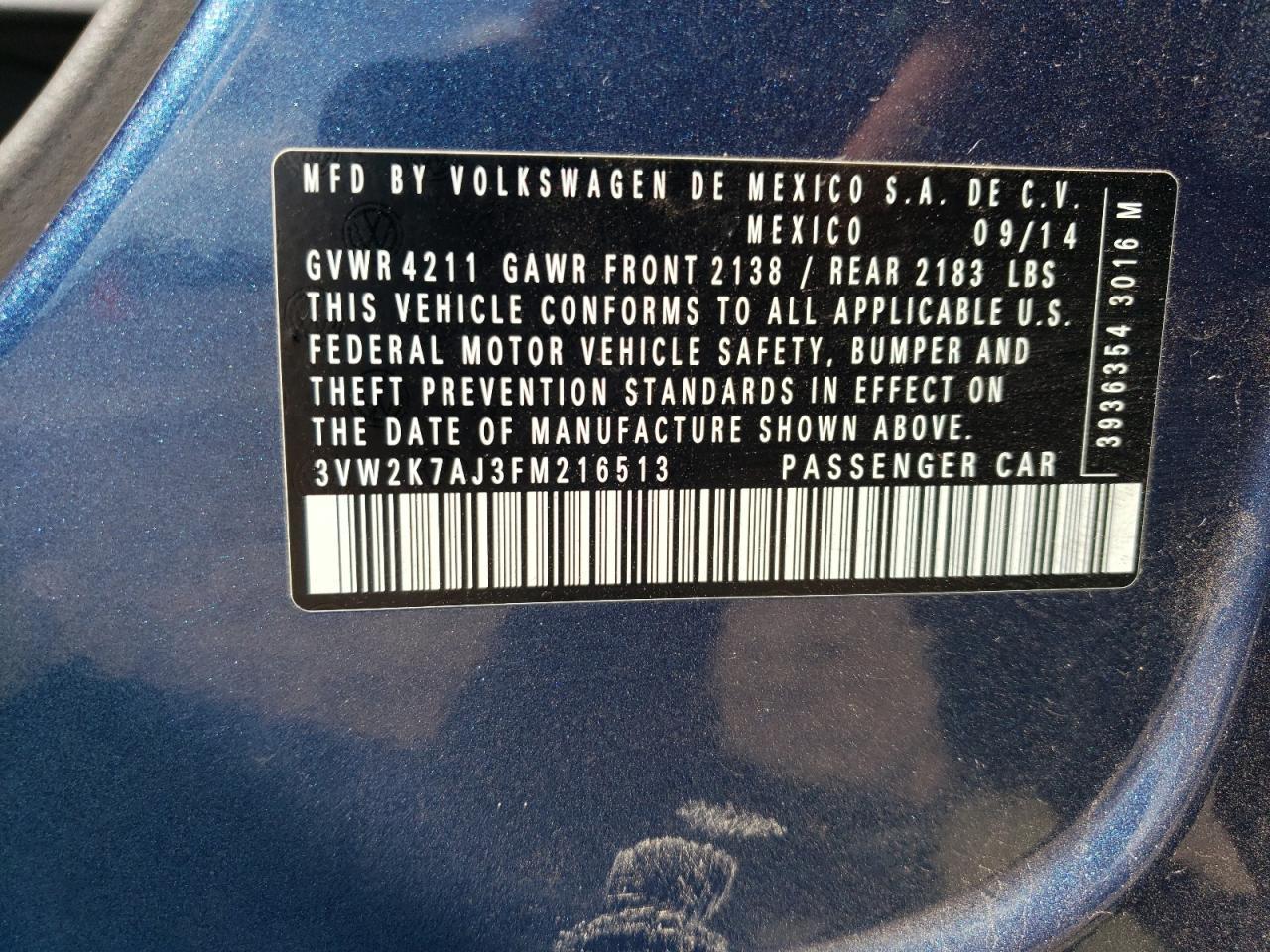 2015 Volkswagen Jetta Base Copart, lot number: 56657465, vin: 3VW2K7AJ3FM216513. Thumbnail 12