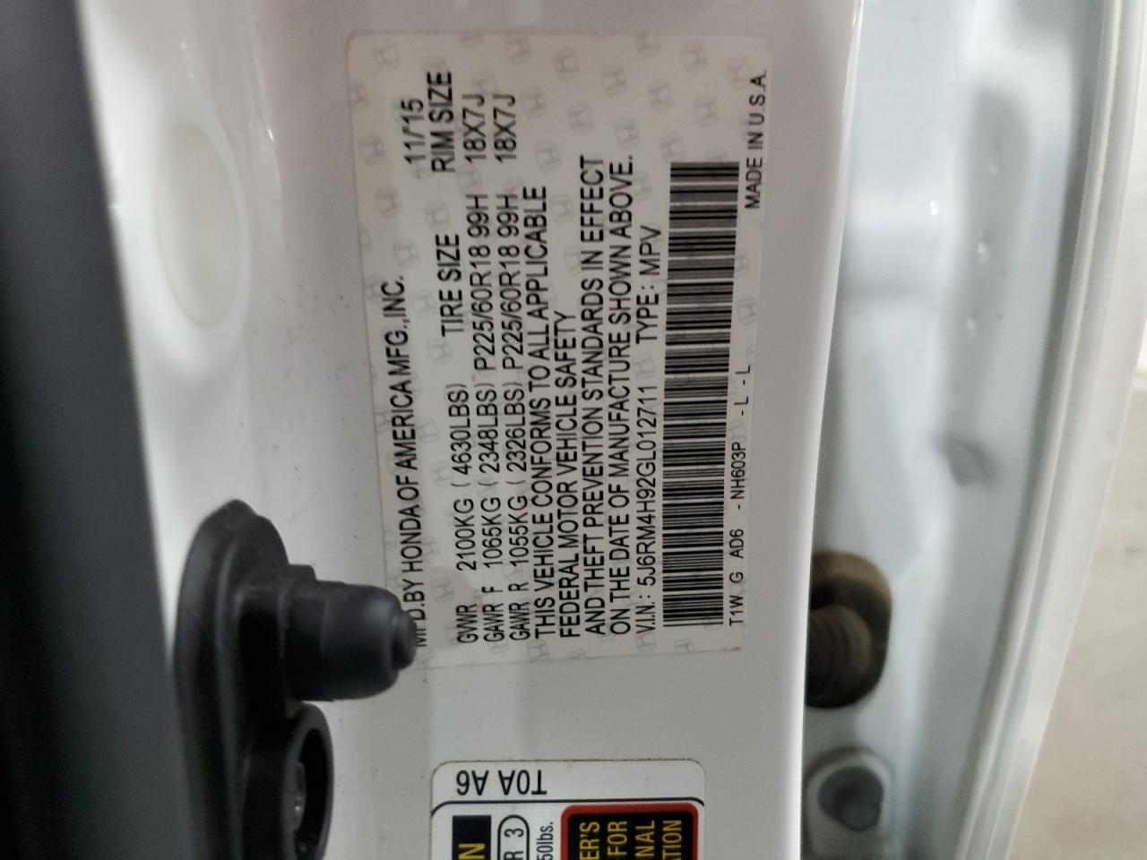 2016 Honda Cr-V Touring Copart, lot number: 56803555, vin: 5J6RM4H92GL012711. Thumbnail 13