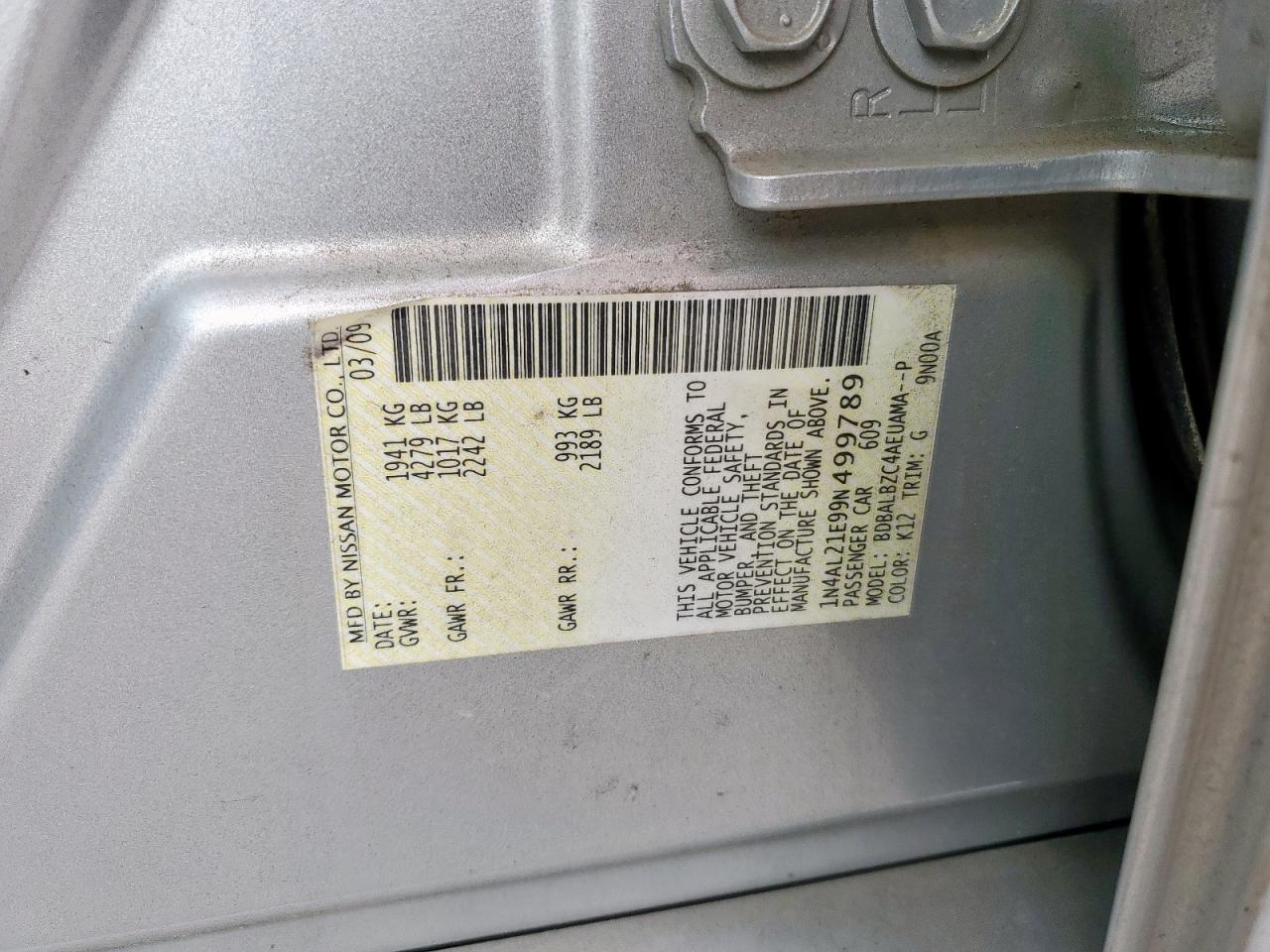 2009 Nissan Altima 2.5 Copart, lot number: 55912205, vin: 1N4AL21E99N499789. Thumbnail 12
