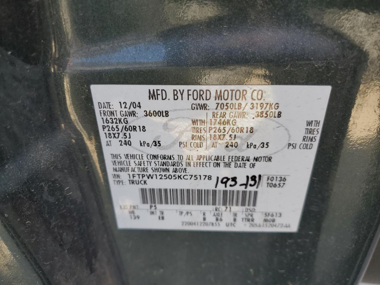 2005 Ford F150 Supercrew Copart, lot number: 56376255, vin: 1FTPW12505KC75178. Thumbnail 12