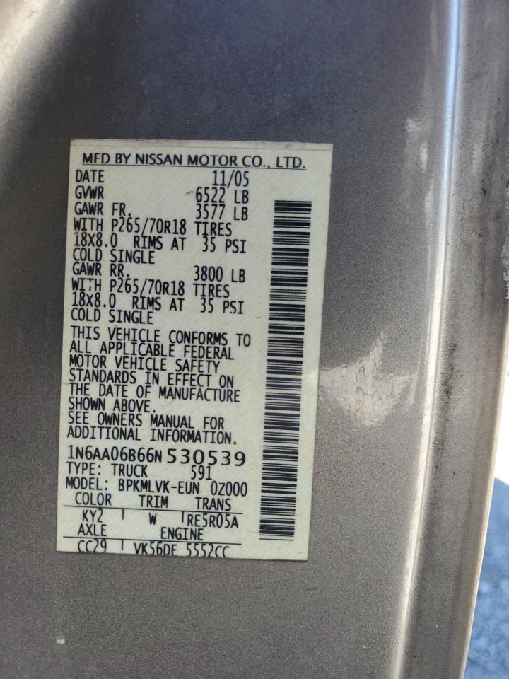 2006 Nissan Titan Xe Copart, lot number: 58862235, vin: 1N6AA06B66N530539. Thumbnail 12