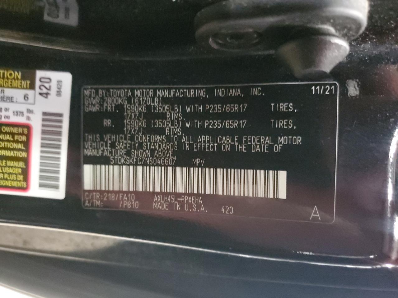 2022 Toyota Sienna Le Copart, lot number: 59079205, vin: 5TDKSKFC7NS046607. Thumbnail 13