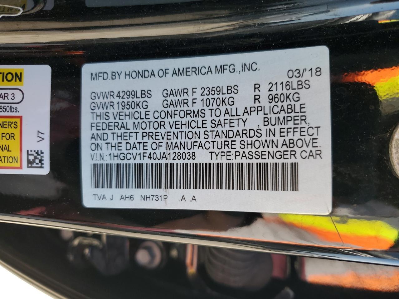 2018 Honda Accord Ex Copart, lot number: 56335995, vin: 1HGCV1F40JA128038. Thumbnail 12