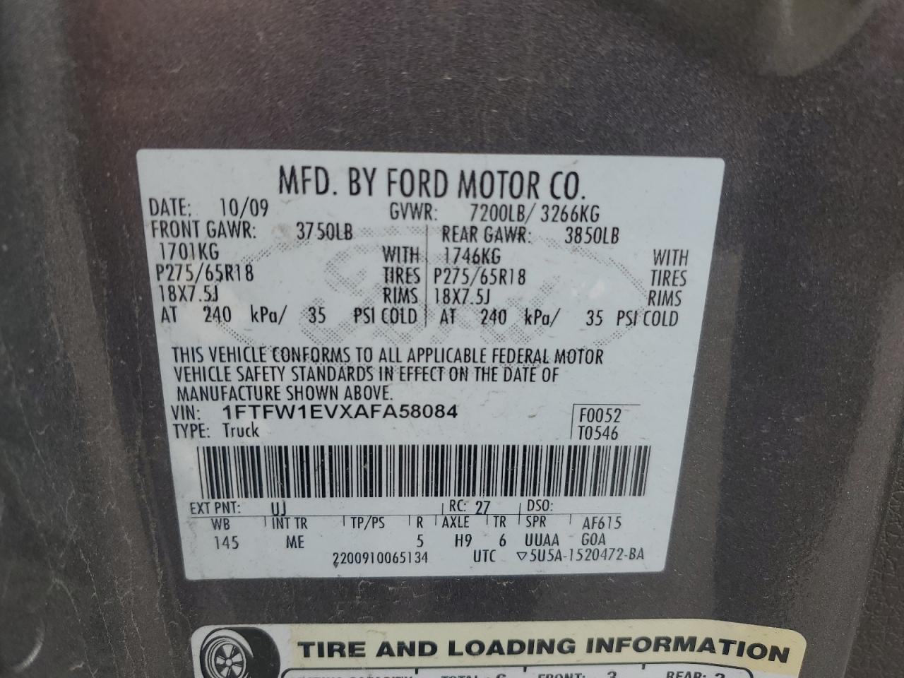 2010 Ford F150 Supercrew Copart, lot number: 54670295, vin: 1FTFW1EVXAFA58084. Thumbnail 12