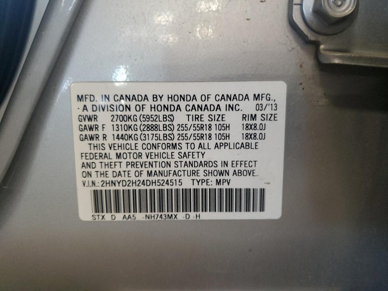 2013 Acura Mdx Copart, lot number: 52790025, vin: 2HNYD2H24DH524515. Thumbnail 13