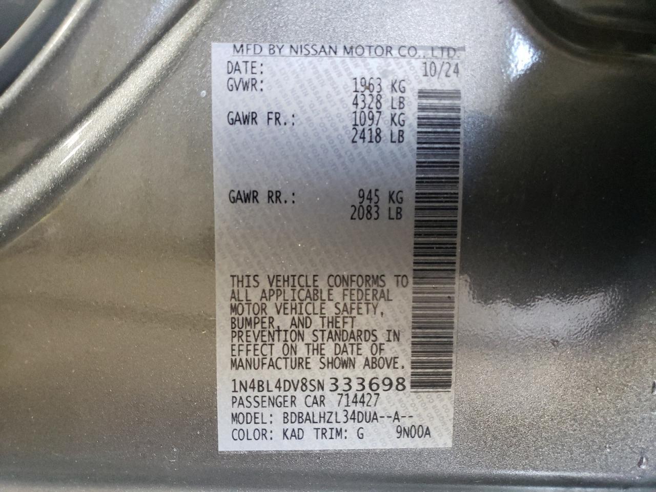 2025 Nissan Altima Sv Copart, lot number: 55297605, vin: 1N4BL4DV8SN333698. Thumbnail 12