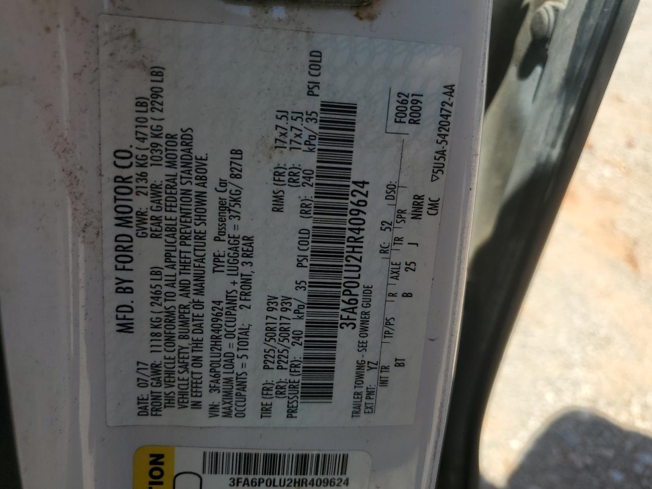 2017 Ford Fusion Se Hybrid Copart, lot number: 54043325, vin: 3FA6P0LU2HR409624. Thumbnail 12