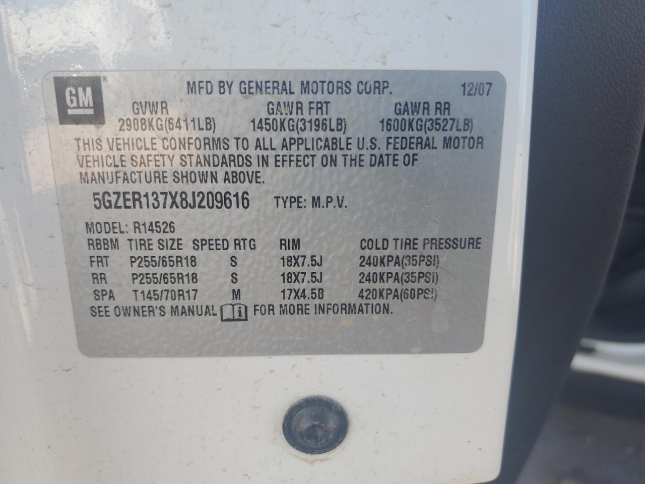 2008 Saturn Outlook Xe Copart, lot number: 58275995, vin: 5GZER137X8J209616. Thumbnail 13