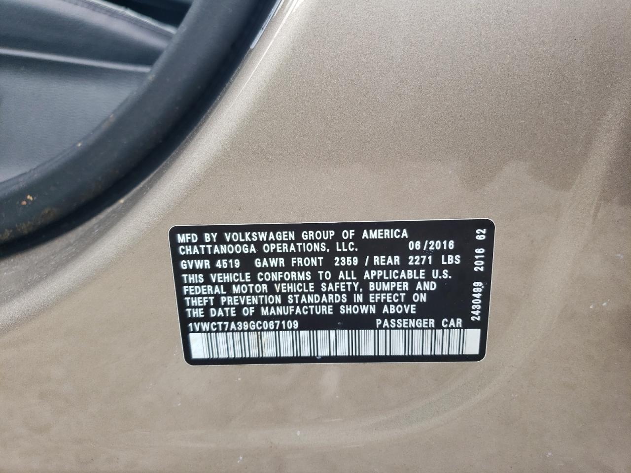 2016 Volkswagen Passat Sel Copart, lot number: 54964775, vin: 1VWCT7A39GC067109. Thumbnail 12