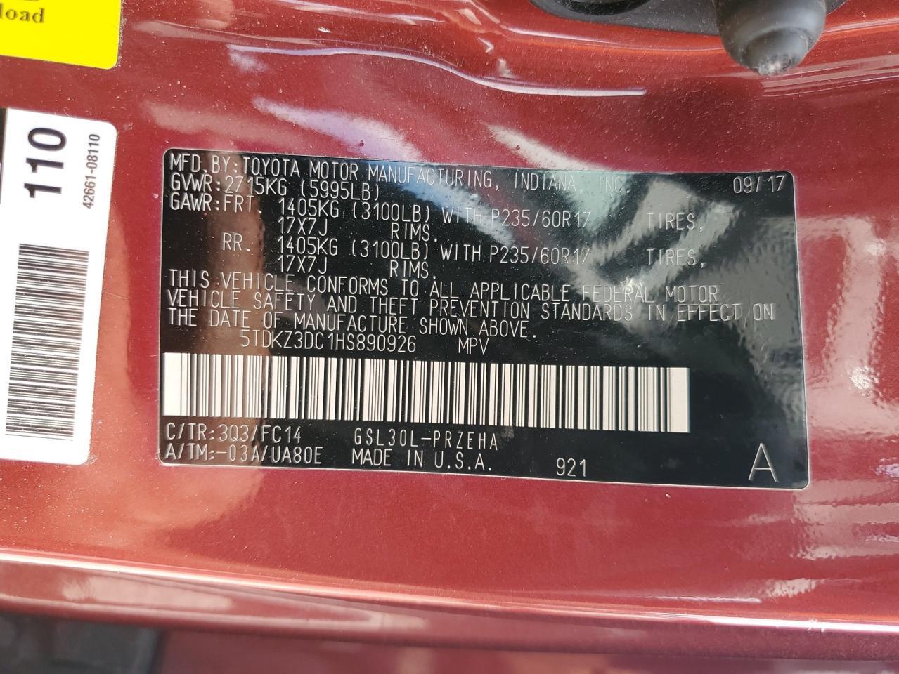 2017 Toyota Sienna Le Copart, lot number: 58005395, vin: 5TDKZ3DC1HS890926. Thumbnail 13