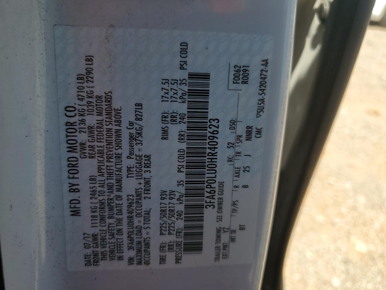 2017 Ford Fusion Se Hybrid Copart, lot number: 54043315, vin: 3FA6P0LU0HR409623. Thumbnail 12