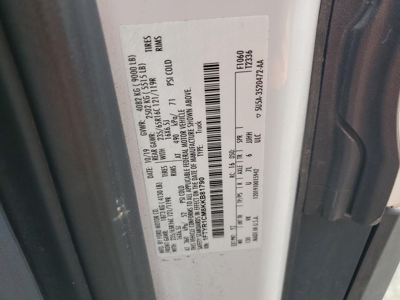 2019 Ford Transit T-250 Copart, lot number: 57967295, vin: 1FTYR1CM8KKB81790. Thumbnail 13