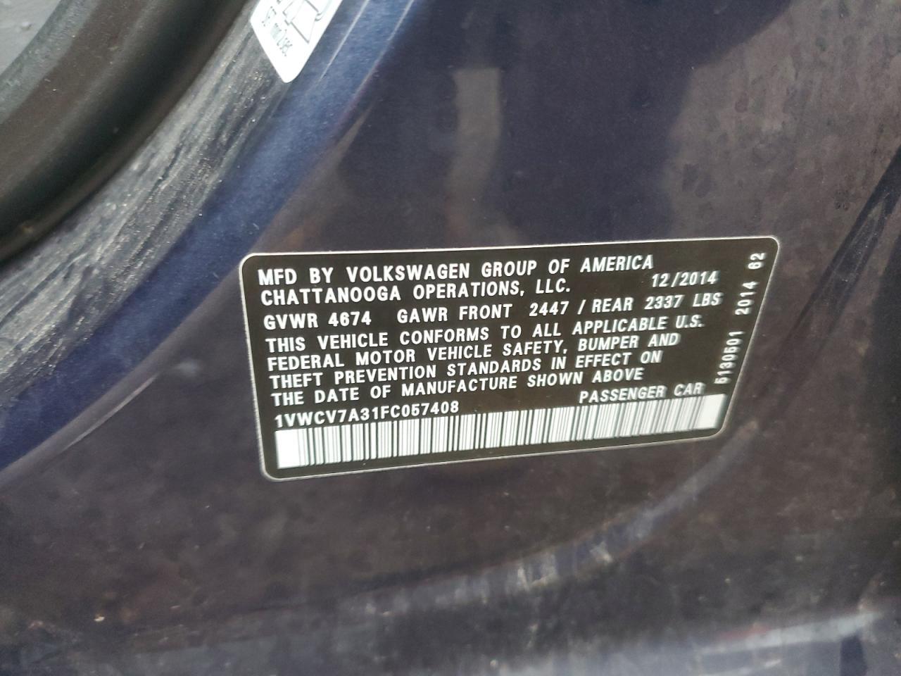 2015 Volkswagen Passat Sel Copart, lot number: 55882935, vin: 1VWCV7A31FC057408. Thumbnail 12