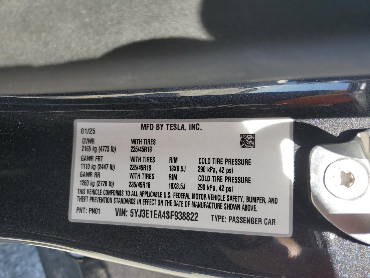 2025 Tesla Model 3 Copart, lot number: 59194085, vin: 5YJ3E1EA4SF938822. Thumbnail 13