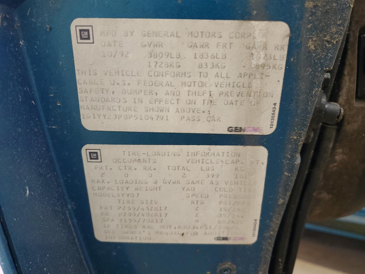 1993 Chevrolet Corvette Copart, lot number: 55952665, vin: 1G1YY23P8P5104791. Thumbnail 12