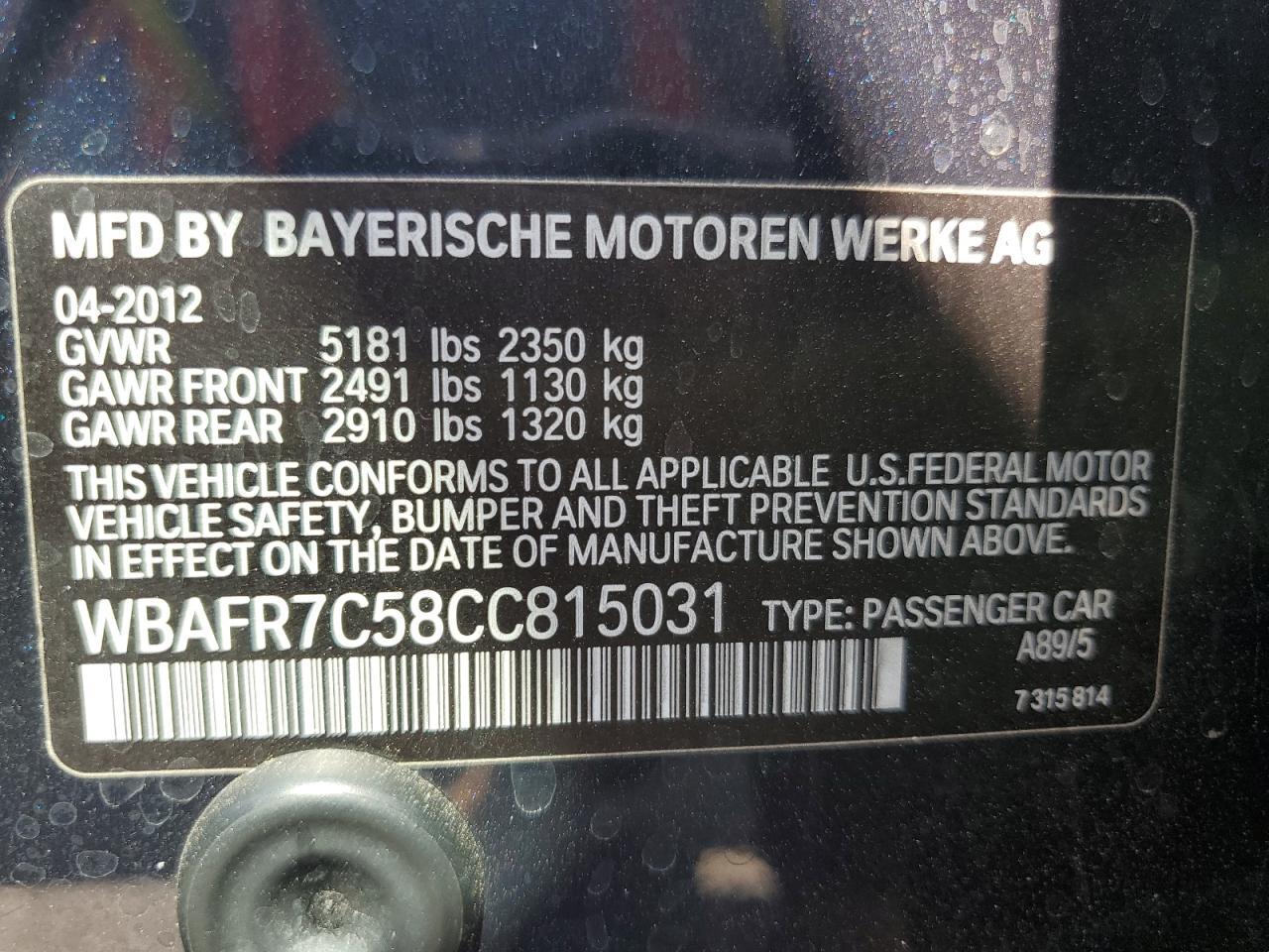 2012 BMW 535 I Copart, lot number: 58845055, vin: WBAFR7C58CC815031. Thumbnail 12