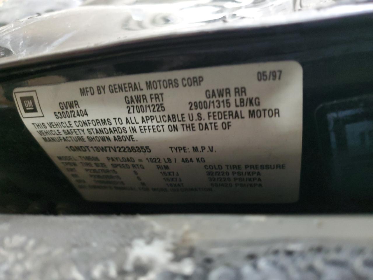 1997 Chevrolet Blazer Copart, lot number: 57983265, vin: 1GNDT13W7V2236355. Thumbnail 13