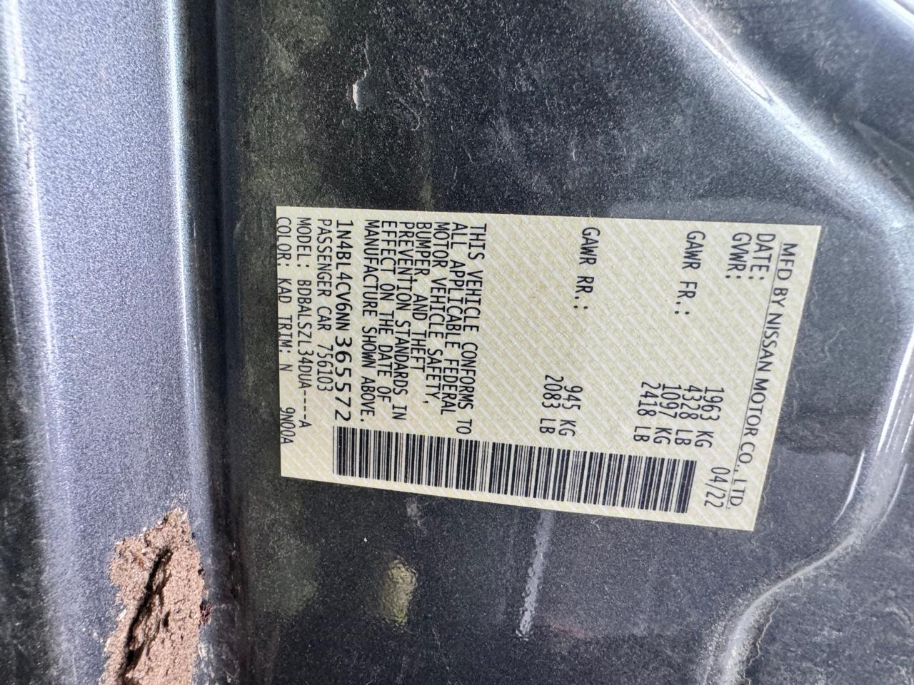 2022 Nissan Altima Sr Copart, lot number: 56434745, vin: 1N4BL4CV6NN365572. Thumbnail 10