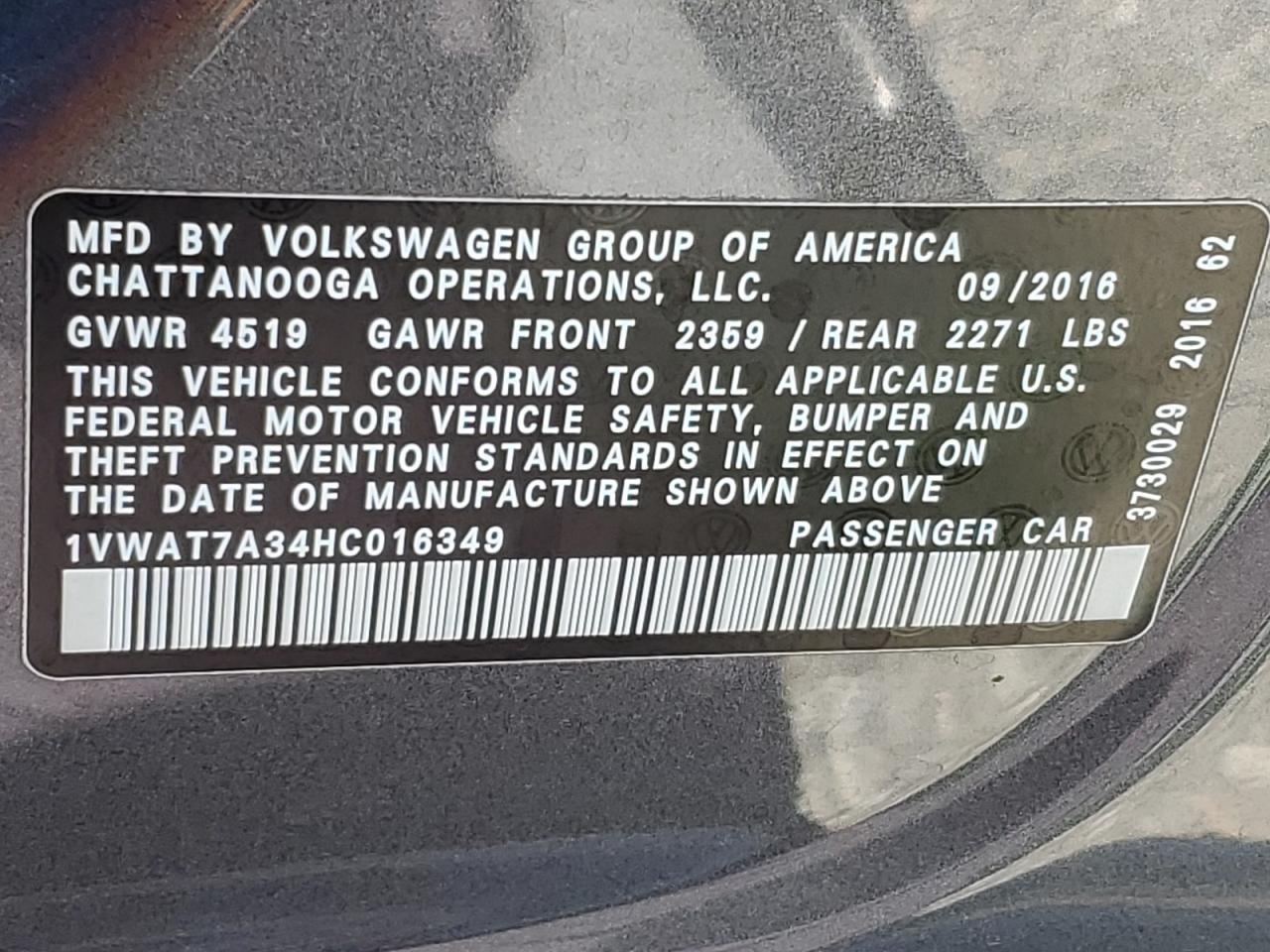 2017 Volkswagen Passat S Copart, lot number: 56190825, vin: 1VWAT7A34HC016349. Thumbnail 12