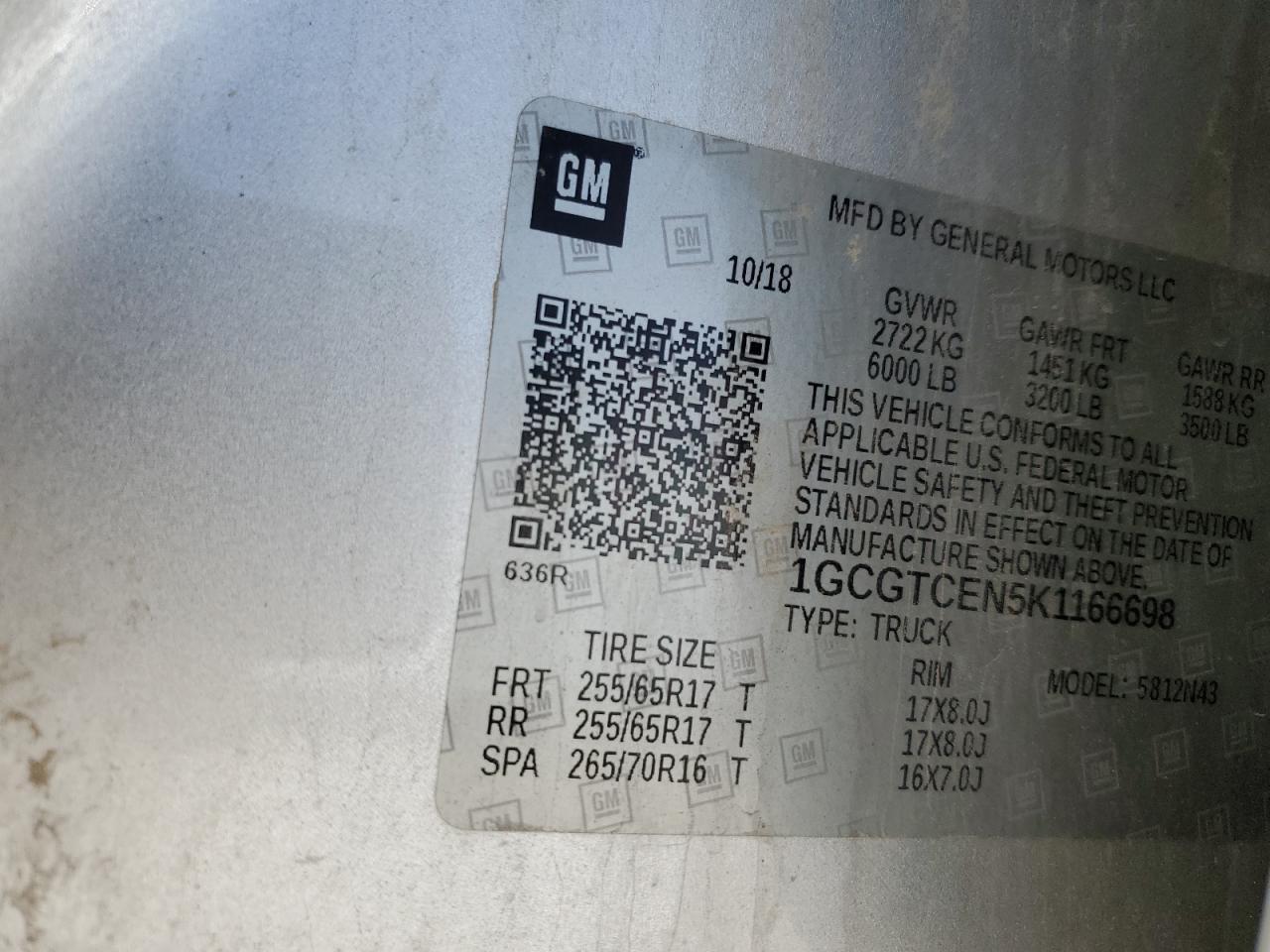 2019 Chevrolet Colorado Lt Copart, lot number: 56566665, vin: 1GCGTCEN5K1166698. Thumbnail 12