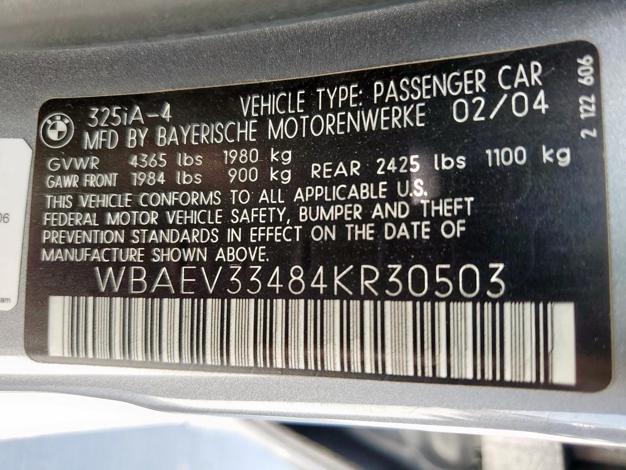 2004 BMW 325 I Copart, lot number: 59113015, vin: WBAEV33484KR30503. Thumbnail 12