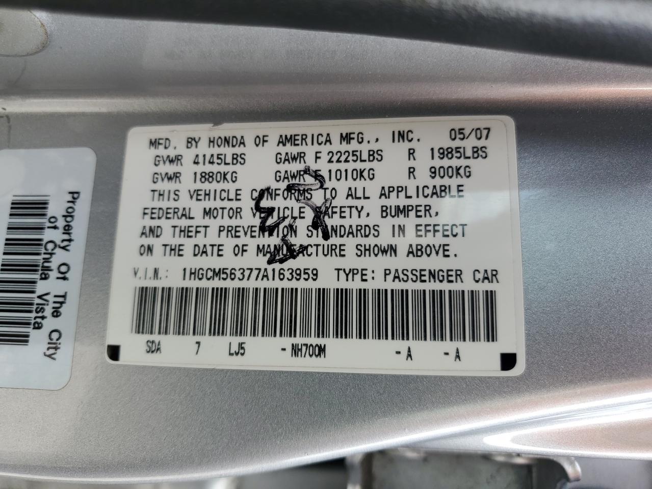 2007 Honda Accord Se Copart, lot number: 56588175, vin: 1HGCM56377A163959. Thumbnail 12