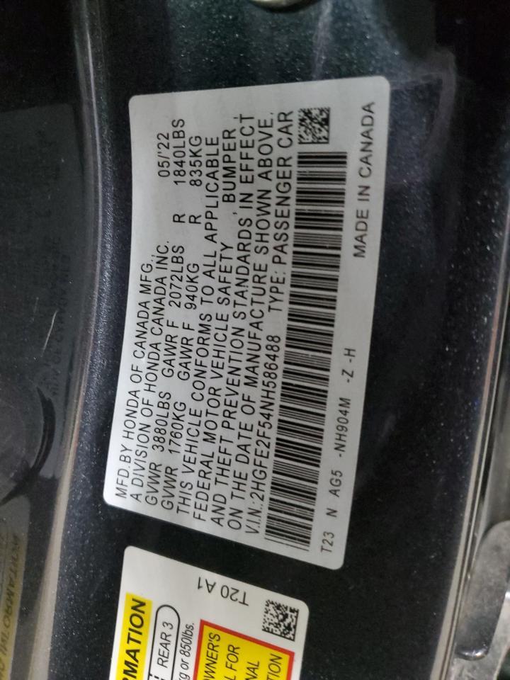 2022 Honda Civic Sport Copart, lot number: 56407175, vin: 2HGFE2F54NH586488. Thumbnail 12
