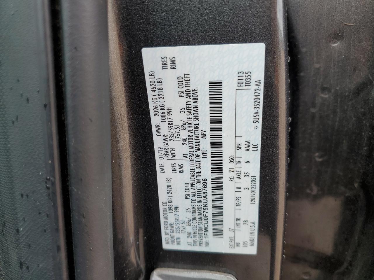 2019 Ford Escape S Copart, lot number: 56312775, vin: 1FMCU0F75KUA87696. Thumbnail 13