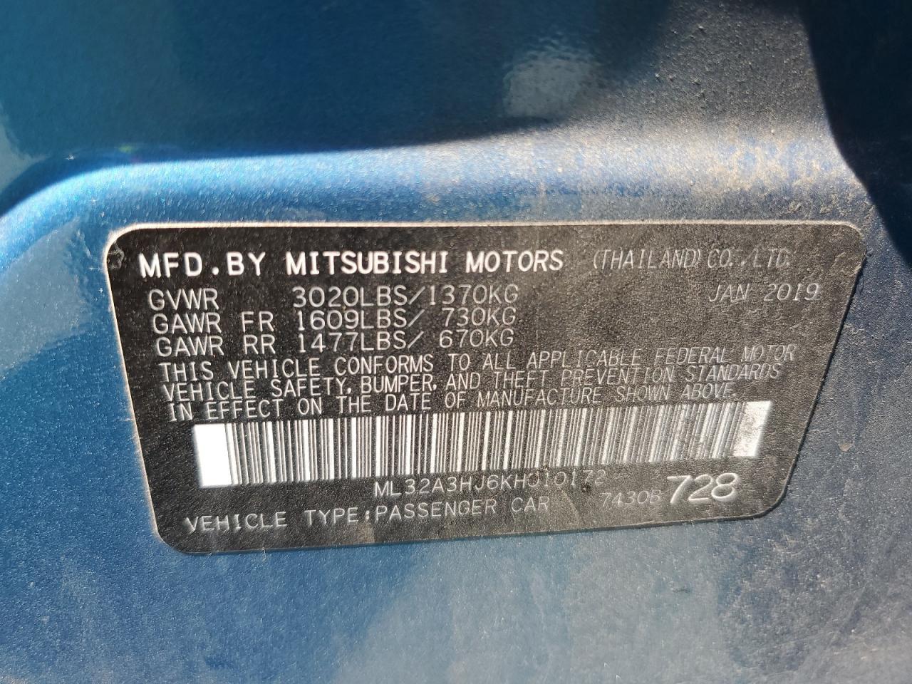 2019 Mitsubishi Mirage Es Copart, lot number: 57949785, vin: ML32A3HJ6KH010172. Thumbnail 13