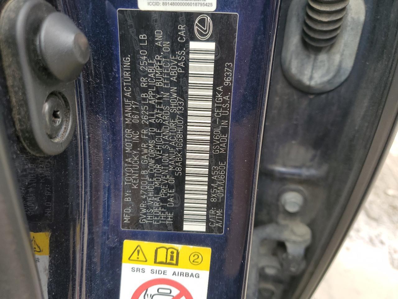 2017 Lexus Es 350 Copart, lot number: 59111915, vin: 58ABK1GG8HU071337. Thumbnail 13