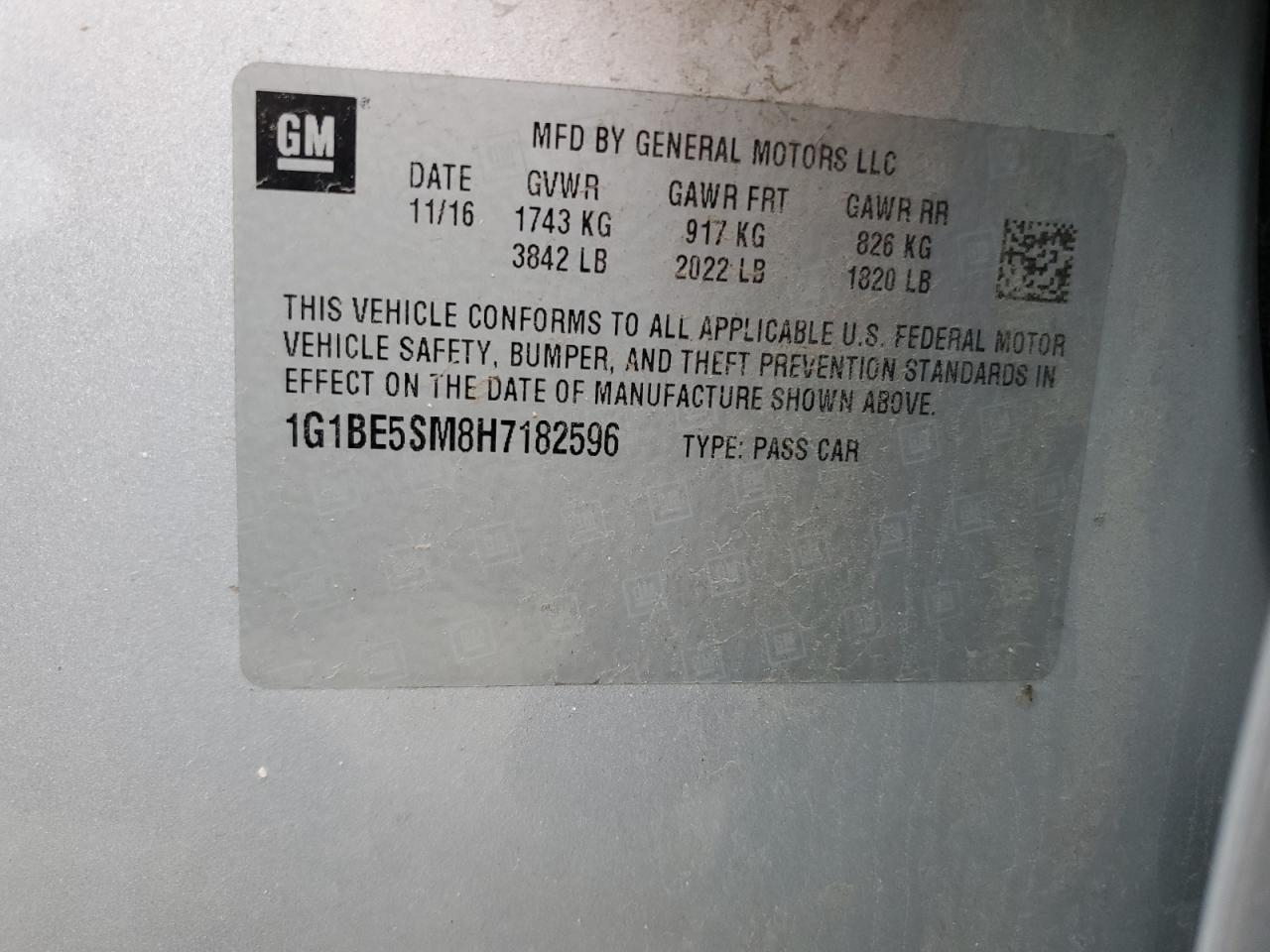 2017 Chevrolet Cruze Lt Copart, lot number: 58630365, vin: 1G1BE5SM8H7182596. Thumbnail 12